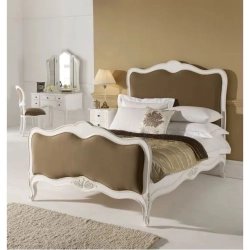 Elegant French Provincial White Upholstered Wooden Bed with Brown Fabric