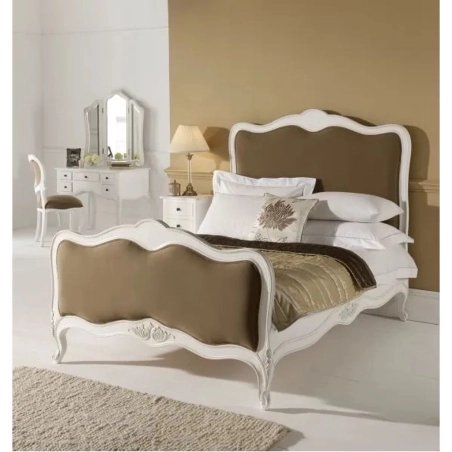 Elegant French Provincial White Upholstered Wooden Bed with Brown Fabric