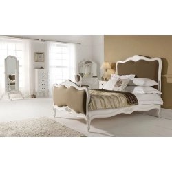 Elegant French Provincial White Upholstered Wooden Bed with Brown Fabric