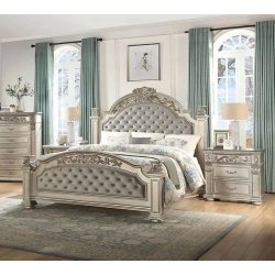 Opulent Carved Wood & Tufted Upholstery Bedroom Furniture Set