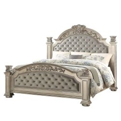 Opulent Carved Wood & Tufted Upholstery Bedroom Furniture Set