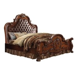 Classic Traditional Carved Wood Bed with Tufted Leather Headboard