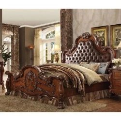 Classic Traditional Carved Wood Bed with Tufted Leather Headboard