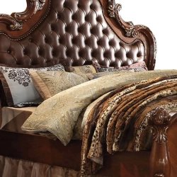 Classic Traditional Carved Wood Bed with Tufted Leather Headboard
