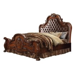 Classic Traditional Carved Wood Bed with Tufted Leather Headboard