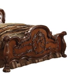 Classic Traditional Carved Wood Bed with Tufted Leather Headboard
