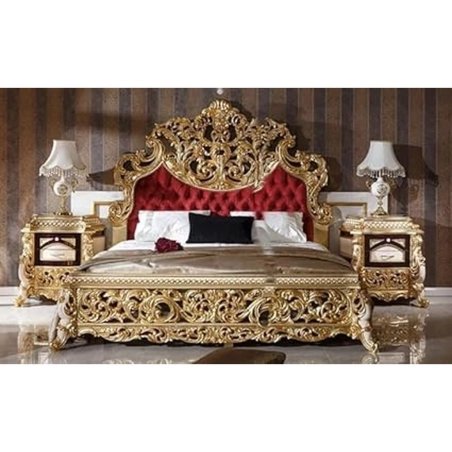 Luxury Ornate Gold Carved Bed with Red Velvet Headboard