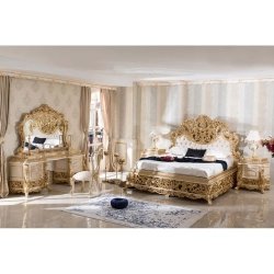 Luxury Ornate Gold Carved Bed with Red Velvet Headboard