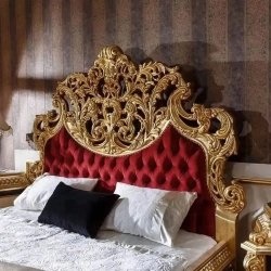 Luxury Ornate Gold Carved Bed with Red Velvet Headboard