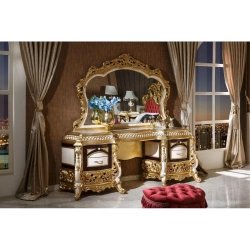Luxury Ornate Gold Carved Bed with Red Velvet Headboard