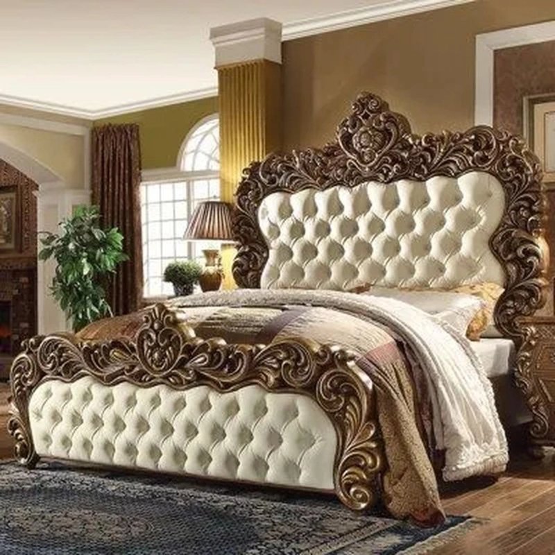 Luxury Hand Carved Wooden Bed with Tufted Upholstery