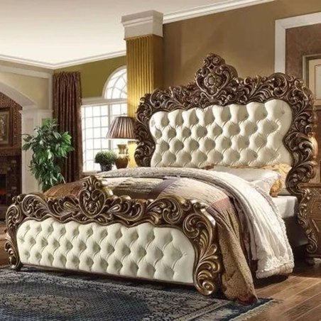 Luxury Hand Carved Wooden Bed with Tufted Upholstery