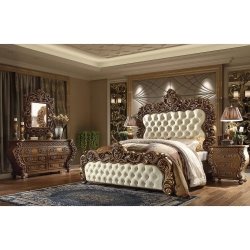 Luxury Hand Carved Wooden Bed with Tufted Upholstery