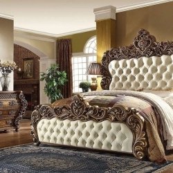 Luxury Hand Carved Wooden Bed with Tufted Upholstery