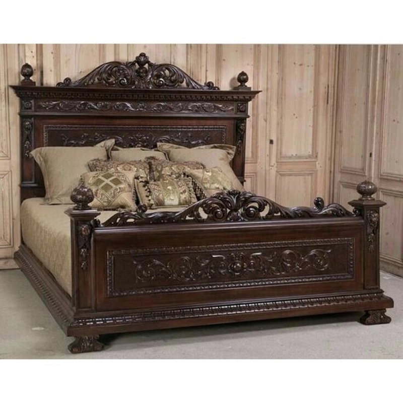 Exquisite Hand Carved Solid Wood King Size Bed Frame | Classic Dark Brown Finish