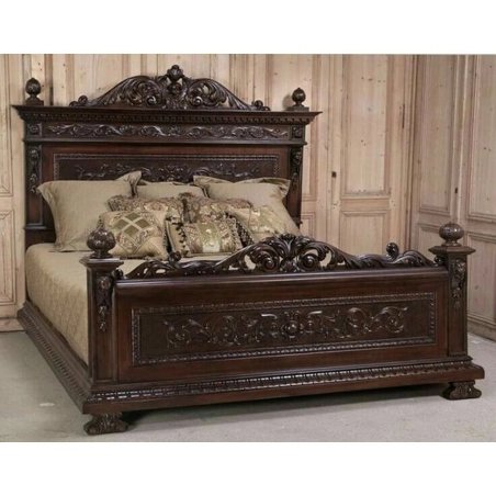 Exquisite Hand Carved Solid Wood King Size Bed Frame | Classic Dark Brown Finish
