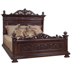 Exquisite Hand Carved Solid Wood King Size Bed Frame | Classic Dark Brown Finish