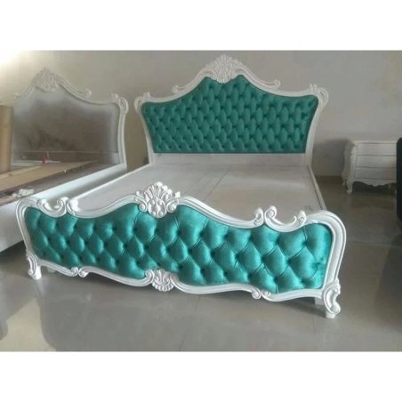 Luxury Carved Wood Bed Frame with Tufted Upholstery
