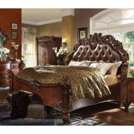 Luxury Ornate Carved Dark Wood Bedroom Set with Tufted Leather Bed