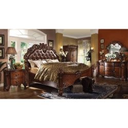 Luxury Ornate Carved Dark Wood Bedroom Set with Tufted Leather Bed