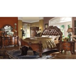 Luxury Ornate Carved Dark Wood Bedroom Set with Tufted Leather Bed