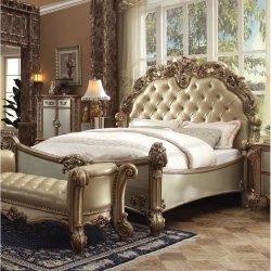 Luxury Ornate Carved Dark Wood Bedroom Set with Tufted Leather Bed