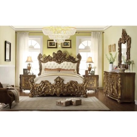 Luxury Ornate Baroque Carved Wood King Bed with Upholstered Headboard