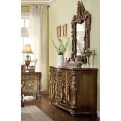 Luxury Ornate Baroque Carved Wood King Bed with Upholstered Headboard