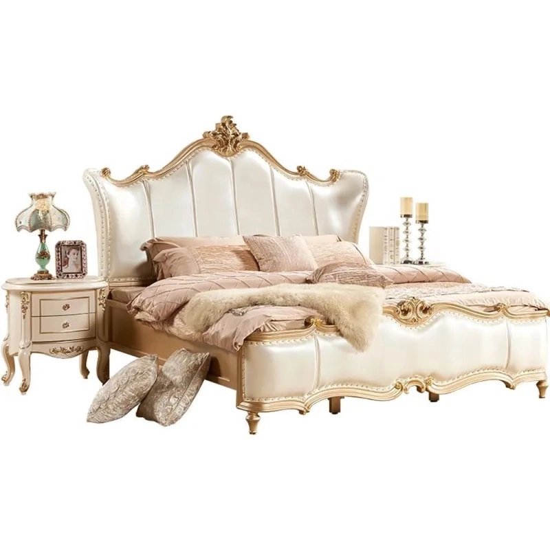 Luxury Classic Cream Upholstered King Size Bed with Gold Finish Luxury Classic Cream Upholstered King Size Bed with Gold Finish