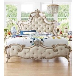 Luxury Classic King Size Tufted Upholstered Bed Ornate Frame Antique Gold