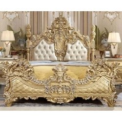 Luxury Gold Leaf Carved King Size Bed Frame Classic Style