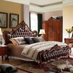 Luxury Classic Brown Tufted Leather and Carved Wood King Size Bed