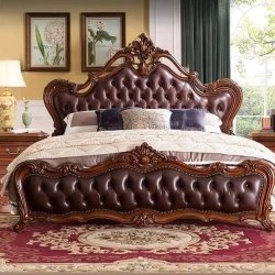 Luxury Classic Brown Tufted Leather and Carved Wood King Size Bed