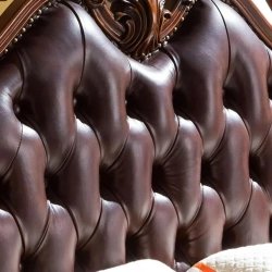 Luxury Classic Brown Tufted Leather and Carved Wood King Size Bed
