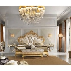 Opulent Gold Leaf Classic Baroque King Bed Set with Bench