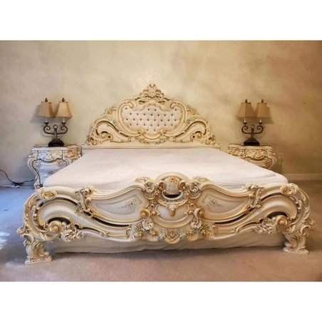 Luxury Hand Carved Classic Baroque White Bed Frame Upholstered Headboard