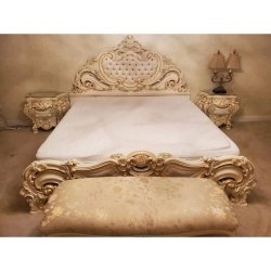 Luxury Hand Carved Classic Baroque White Bed Frame Upholstered Headboard