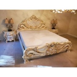 Luxury Hand Carved Classic Baroque White Bed Frame Upholstered Headboard