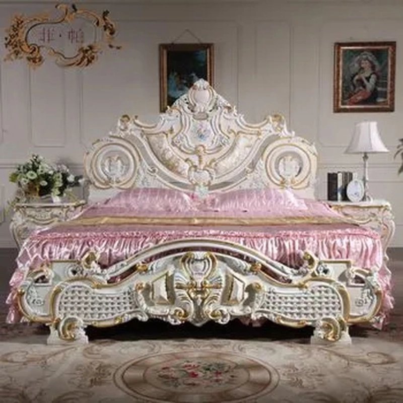 Luxury European Baroque Carved Wood Bed Frame White Gold Finish Luxury European Baroque Carved Wood Bed Frame White Gold Finish