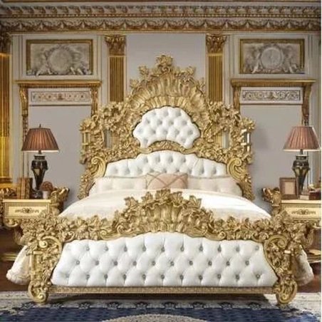 Luxury Baroque Carved Gold Leaf Bed with White Tufted Upholstery