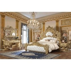 Luxury Baroque Carved Gold Leaf Bed with White Tufted Upholstery