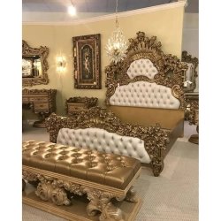Luxury Baroque Carved Gold Leaf Bed with White Tufted Upholstery