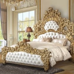 Luxury Baroque Carved Gold Leaf Bed with White Tufted Upholstery