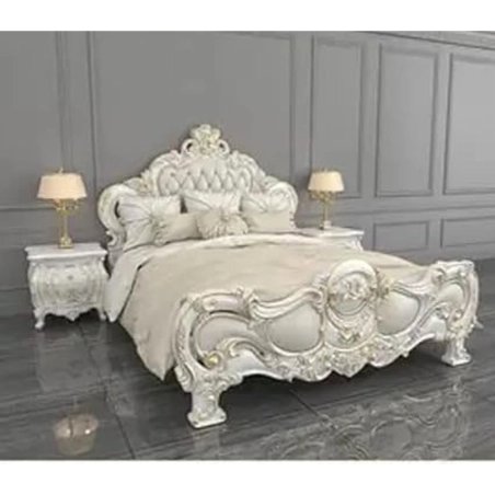 Luxurious Classic White and Gold Carved Wood King Size Bed
