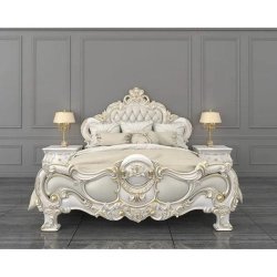 Luxurious Classic White and Gold Carved Wood King Size Bed