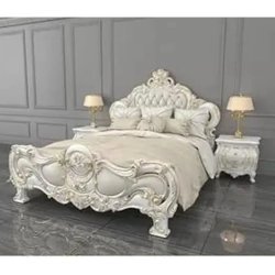 Luxurious Classic White and Gold Carved Wood King Size Bed