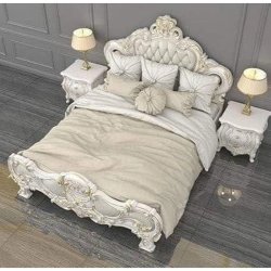 Luxurious Classic White and Gold Carved Wood King Size Bed