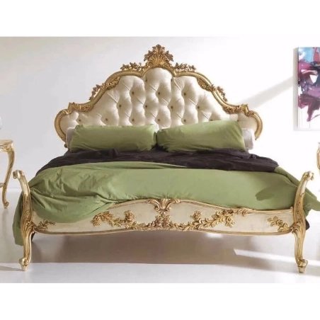 Luxury Baroque Carved Wood Bed Cream Gold Finish
