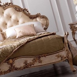 Luxury Baroque Carved Wood Bed Cream Gold Finish