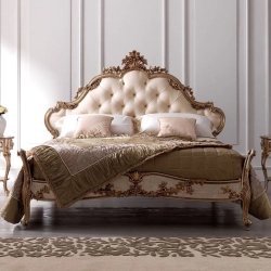 Luxury Baroque Carved Wood Bed Cream Gold Finish
